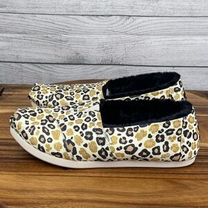 Toms Alpargata Natural Gold Glitter Cheetah Faux Fur Lined Slip On Shoe Size 8.5